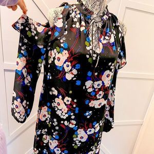 black cut out shoulder ruffle sheer floral dress criss cross tie
